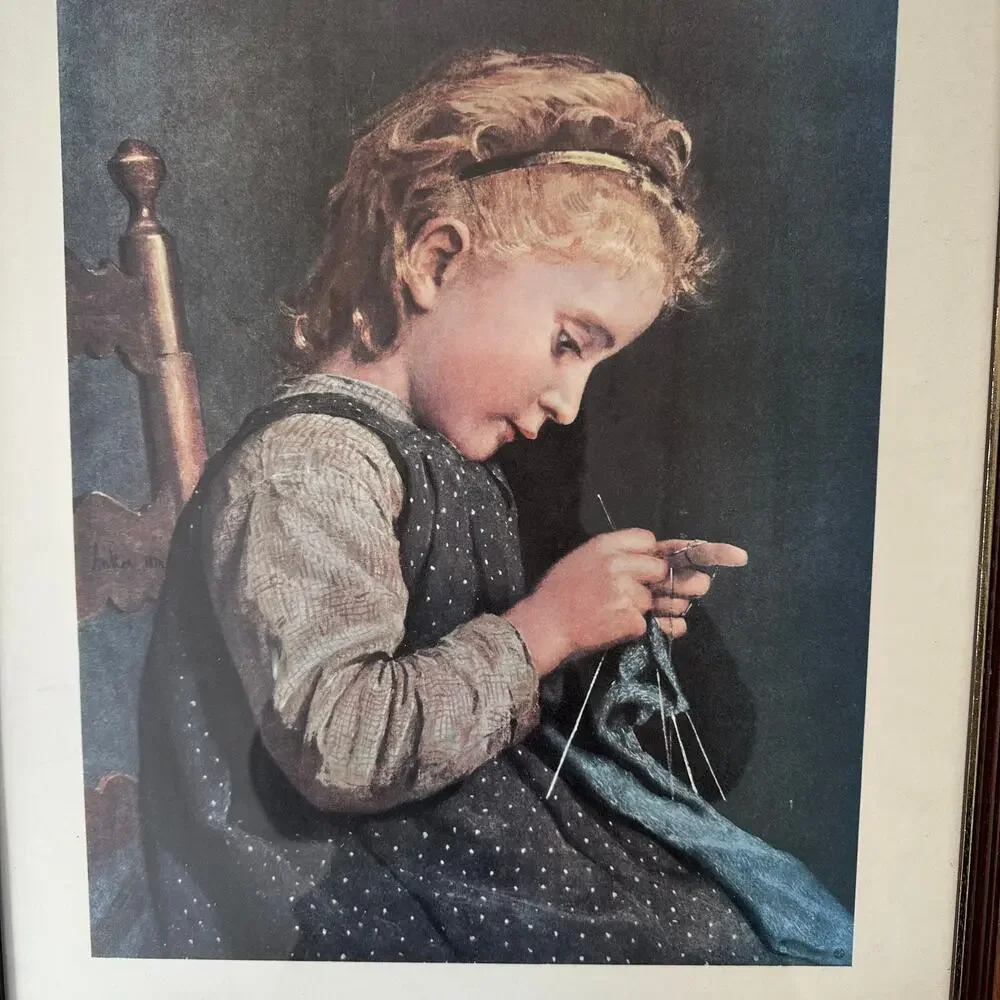 Albert Anker Little Knitter Framed Print Child Knitting VTG Cottage Wall Art